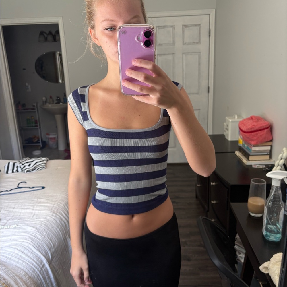 Urban Outfitters Navy and White Striped Tank Top